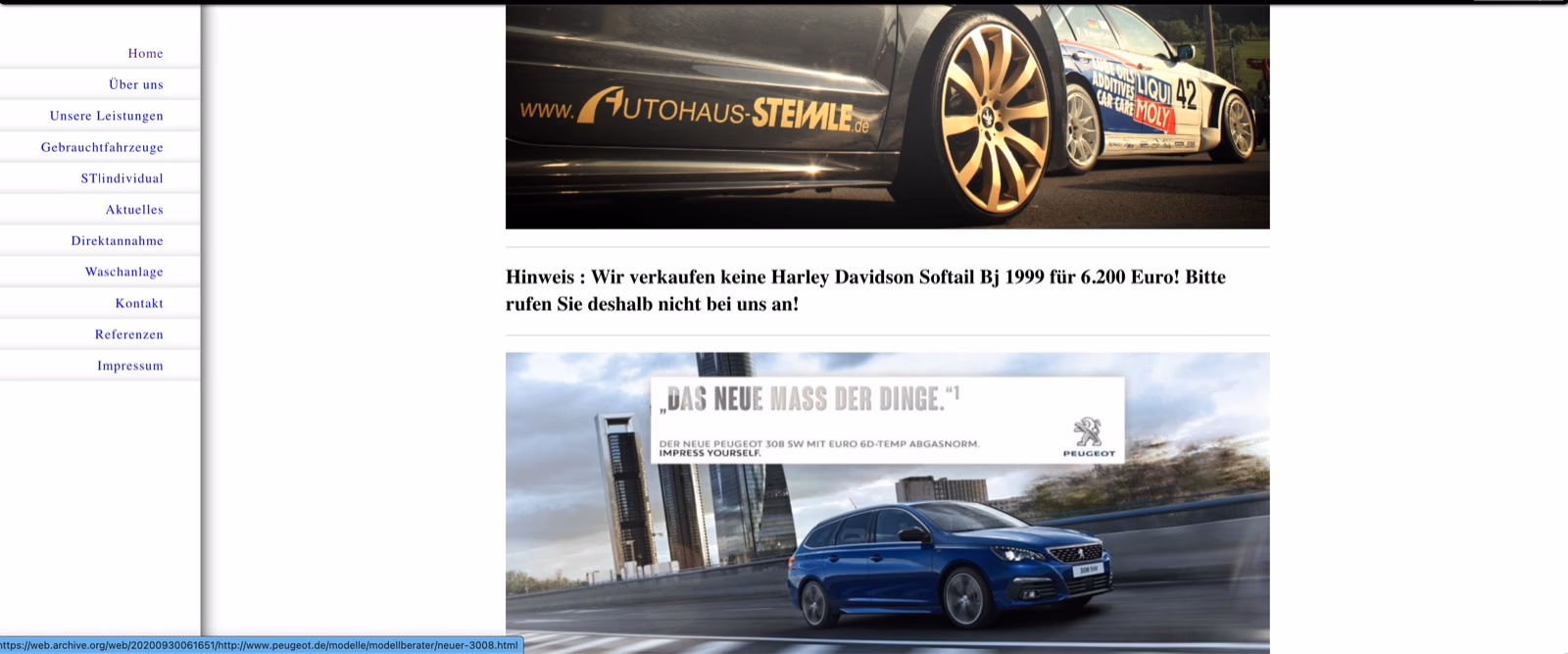 Vollständige Ansicht der früheren Website des Autohauses Steimle