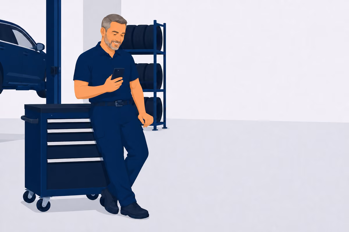 Werkstattinhaber füllt die Onboarding-Checkliste am Smartphone aus