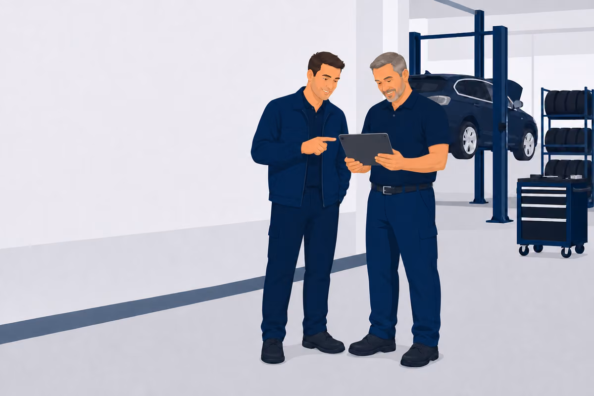 Werkstattinhaber und Mechaniker prüfen die neue Website auf einem Tablet