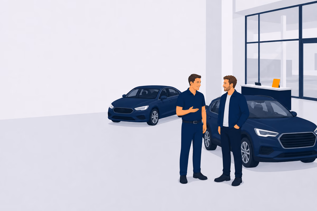 Verkäufer im Ausstellungsraum eines Autohauses im Gespräch mit einem Kunden neben zwei Fahrzeugen