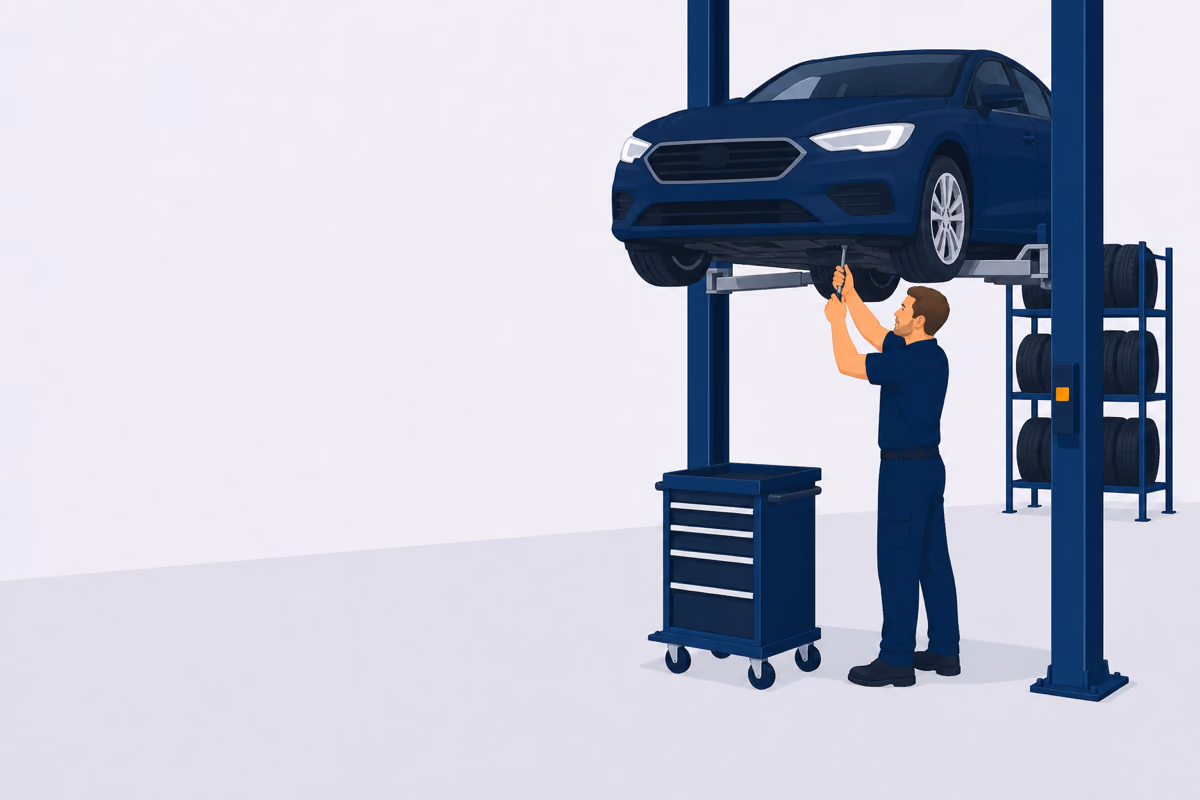 Mechaniker arbeitet an einem Fahrzeug auf der Zweisäulenhebebühne, Werkzeugwagen daneben