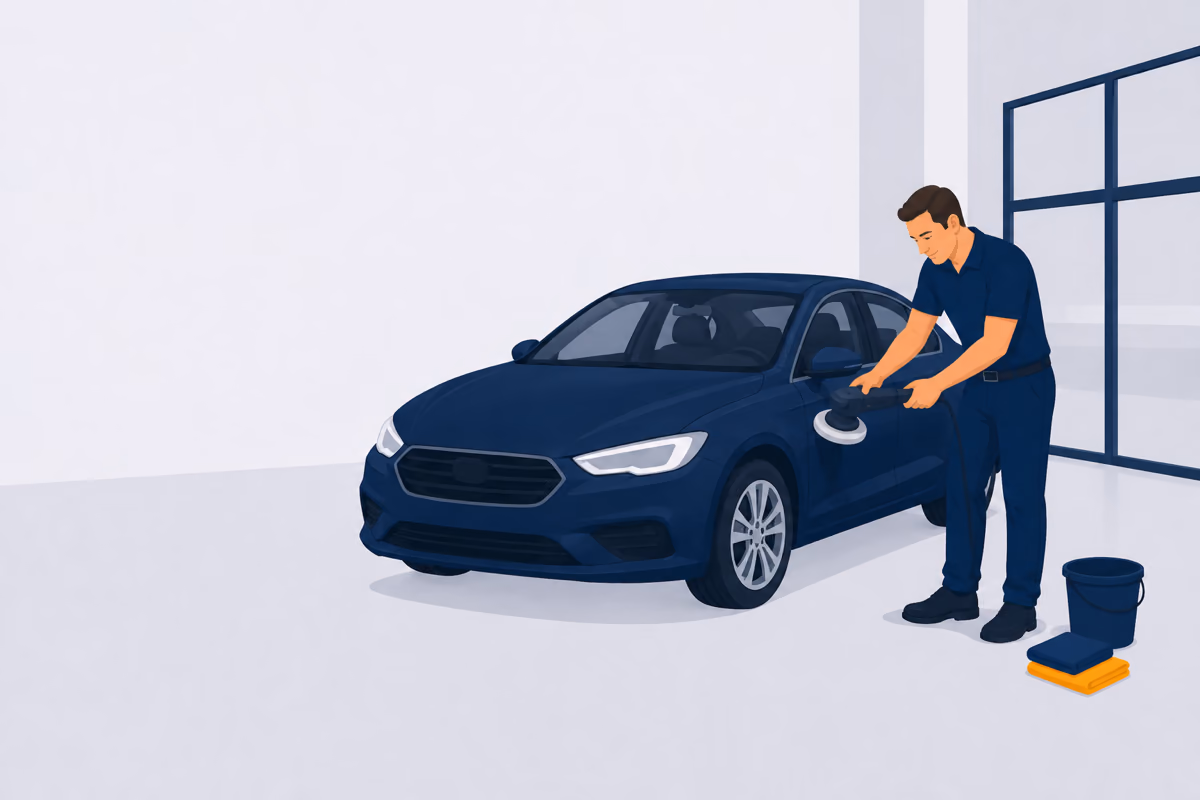 Aufbereiter poliert die Motorhaube eines Fahrzeugs mit der Poliermaschine