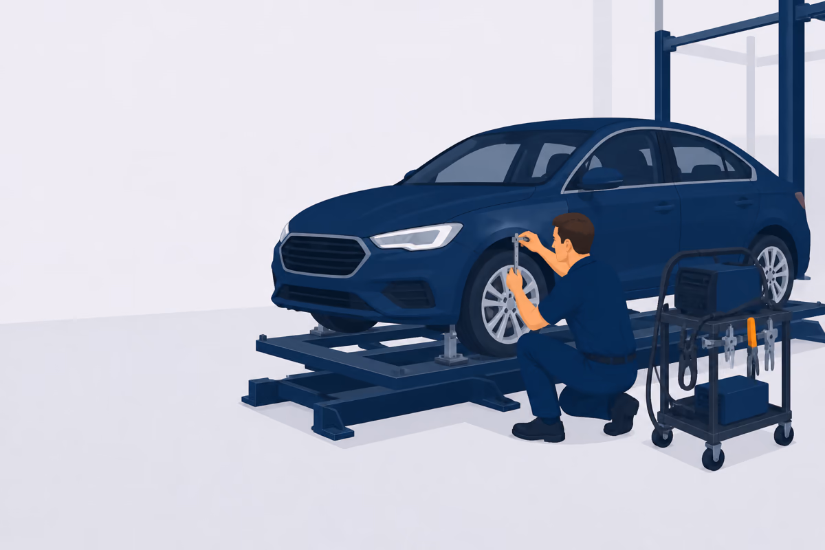 Techniker vermisst die Spaltmaße an einem Fahrzeug auf der Richtbank