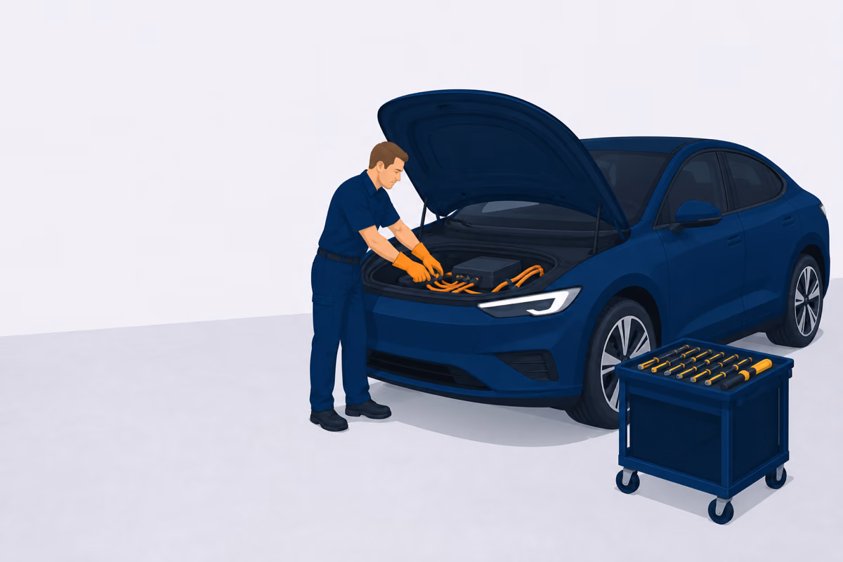 Mechaniker mit isolierten Handschuhen arbeitet am geöffneten Hochvoltbereich eines Elektrofahrzeugs