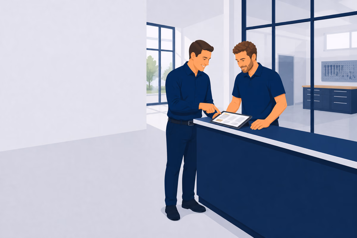 Zwei Männer besprechen am Annahmetresen einer Werkstatt etwas auf einem Tablet