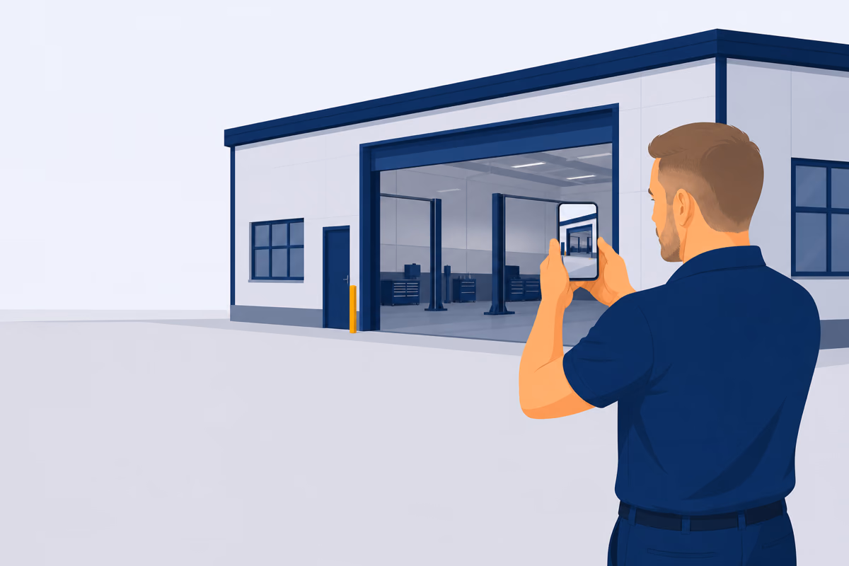 Werkstattinhaber fotografiert die Einfahrt seiner Werkstatt mit dem Smartphone