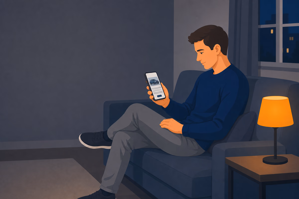 Junger Mechaniker sitzt abends auf dem Sofa und schaut auf seinem Smartphone eine Website an