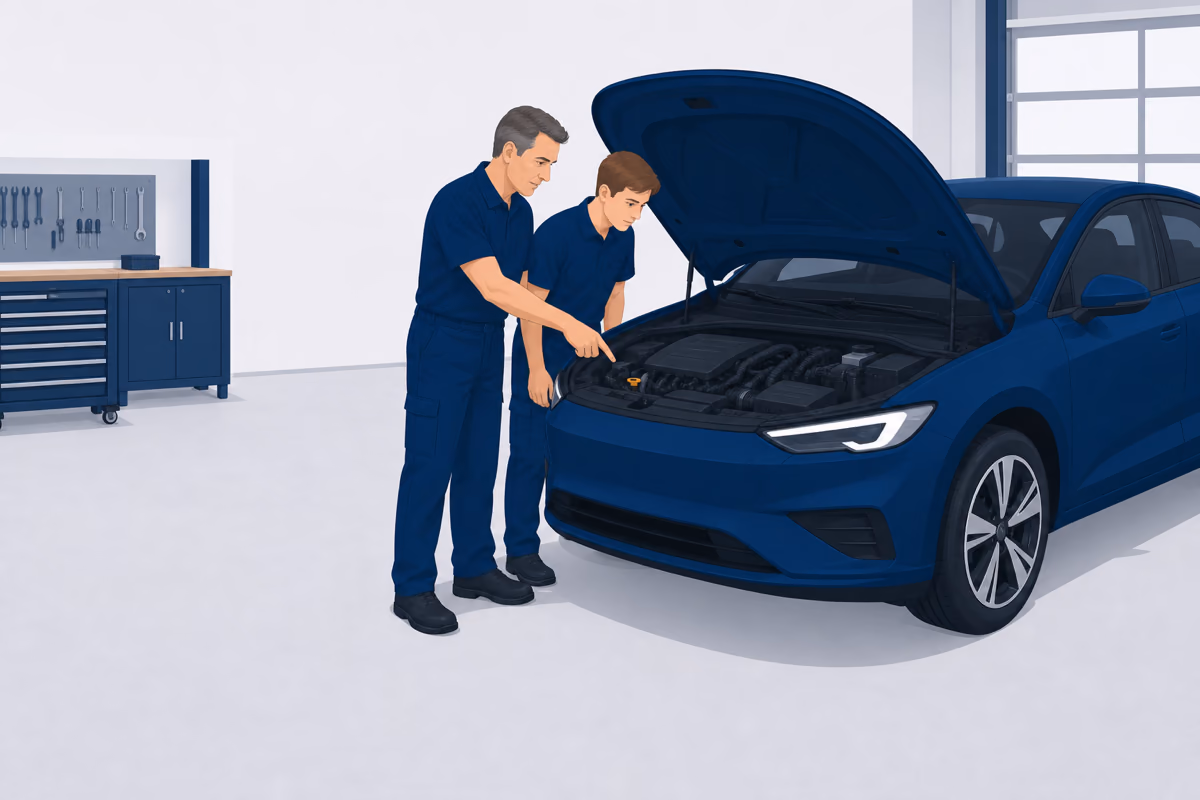 Werkstattmeister erklärt einem Auszubildenden etwas am geöffneten Motorraum